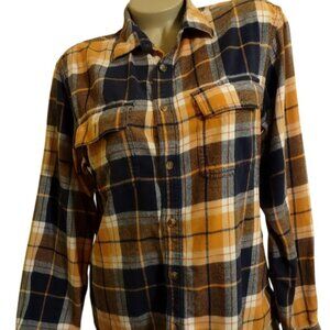 WOMEN VUTE OLD NAVY PLAID FLANNEL ORANGE BROWN NAVY SHIRT SZ M